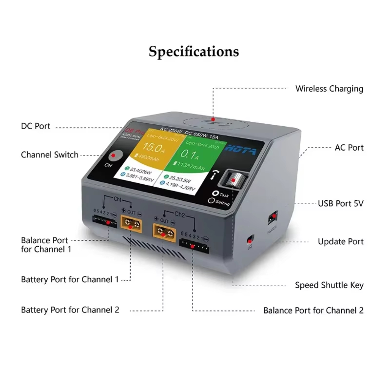 HOTA D6 Pro 200W AC 650W DC Du - огляд і ціна Drone Battery Balance Charger